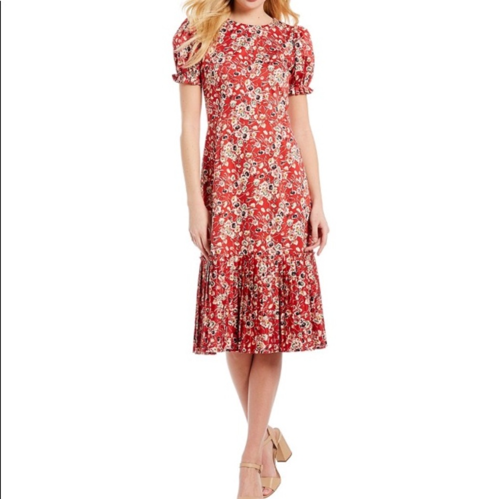 Chloe Pleated Floral Print Puff Sleeve Midi Dress
